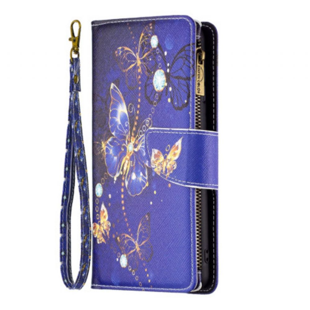 Leren Hoesje Voor Samsung Galaxy S24 5g Portemonnee Met Paarse Vlinders En Riem