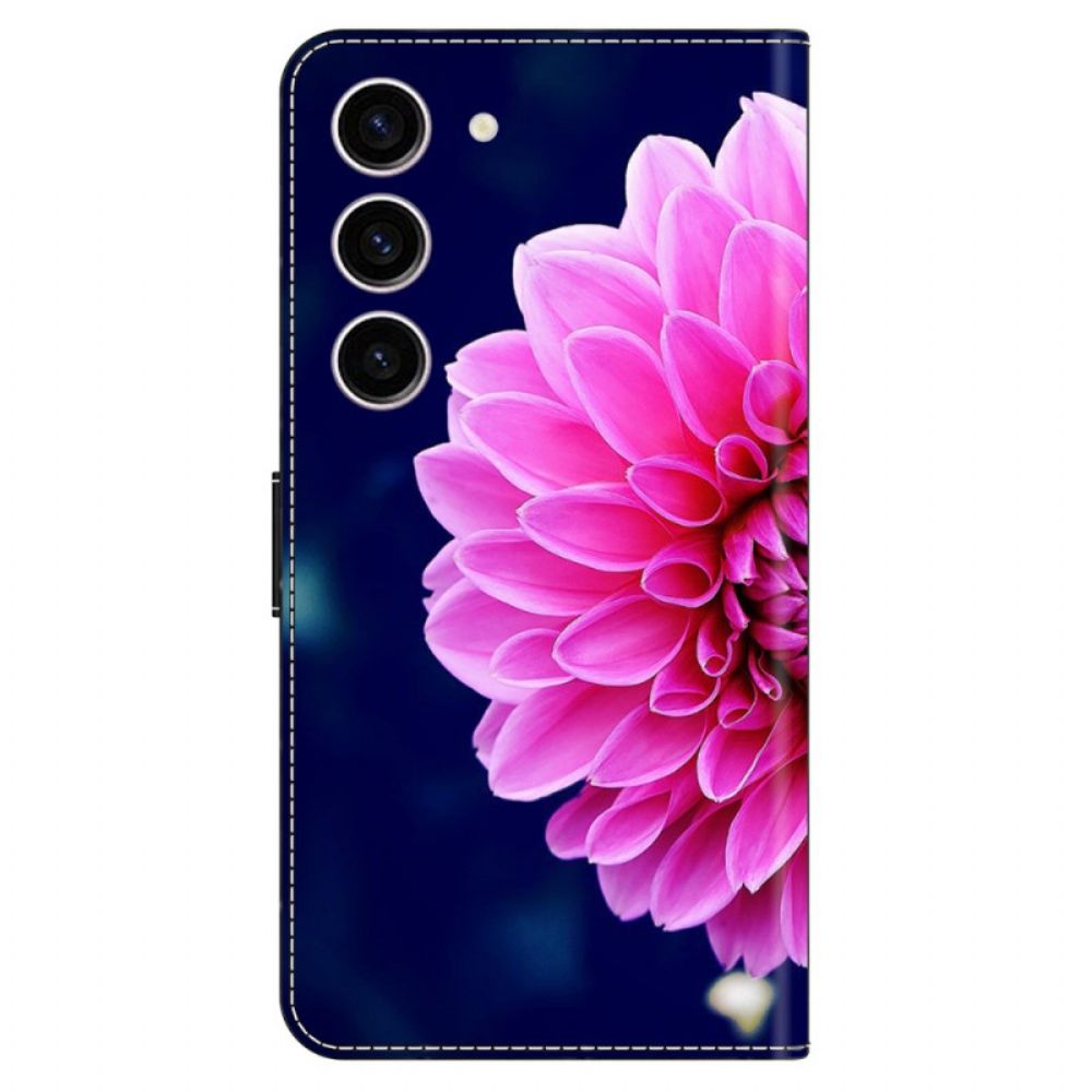 Leren Hoesje Voor Samsung Galaxy S24 5g Roze Bloem Op Blauwe Achtergrond