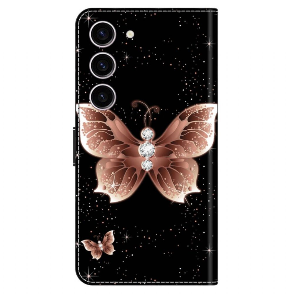 Leren Hoesje Voor Samsung Galaxy S24 5g Roze Diamanten Vlinder