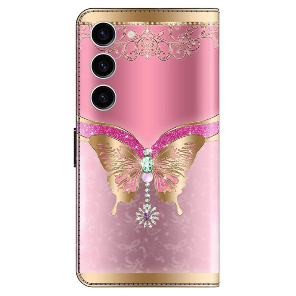 Leren Hoesje Voor Samsung Galaxy S24 5g Roze En Gouden Vlinder