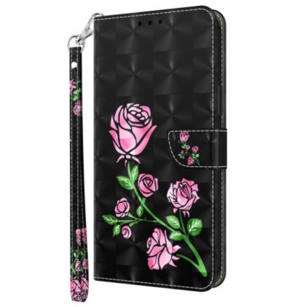 Flip Case voor Samsung Galaxy S23 5G Met Ketting Strappy Grafische Roos