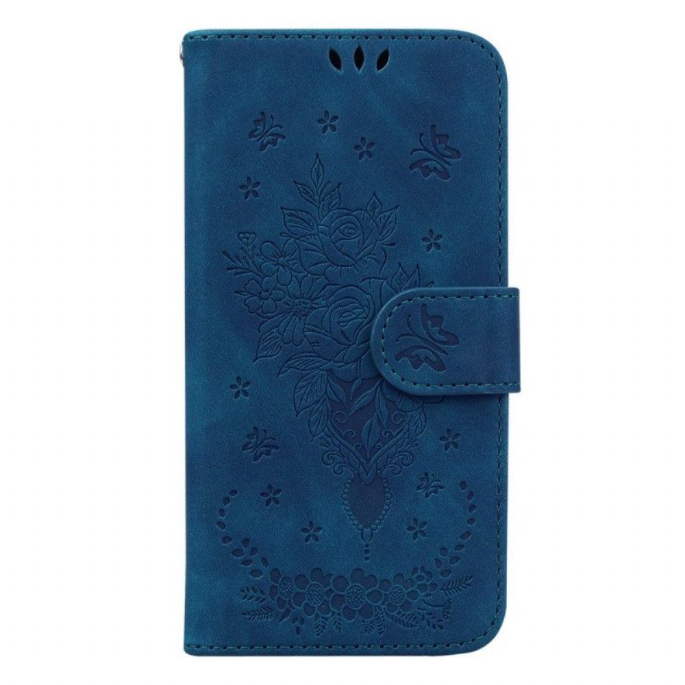 Leren Hoesje voor Samsung Galaxy S23 5G Met Ketting Strappy Rozen En Vlinders