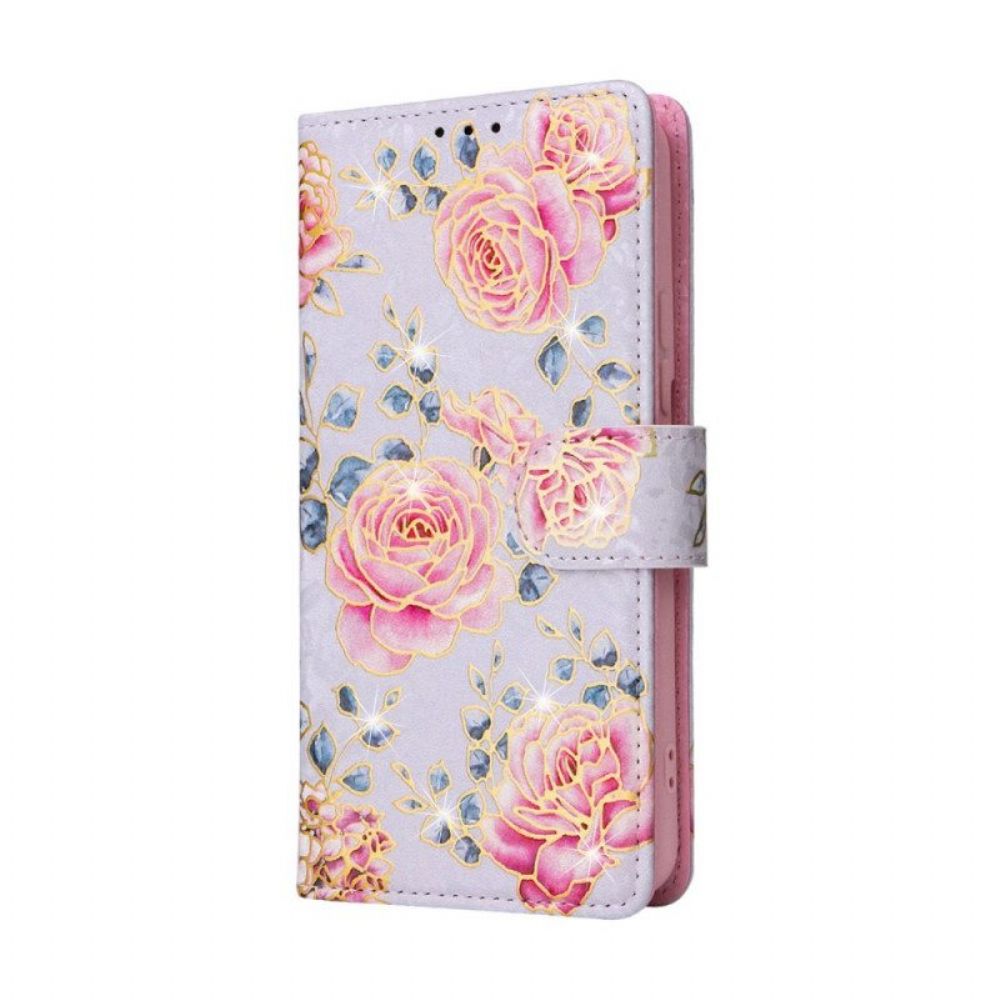 Leren Hoesje voor Samsung Galaxy S23 5G Rfid-bloemen Met Sleutelkoord