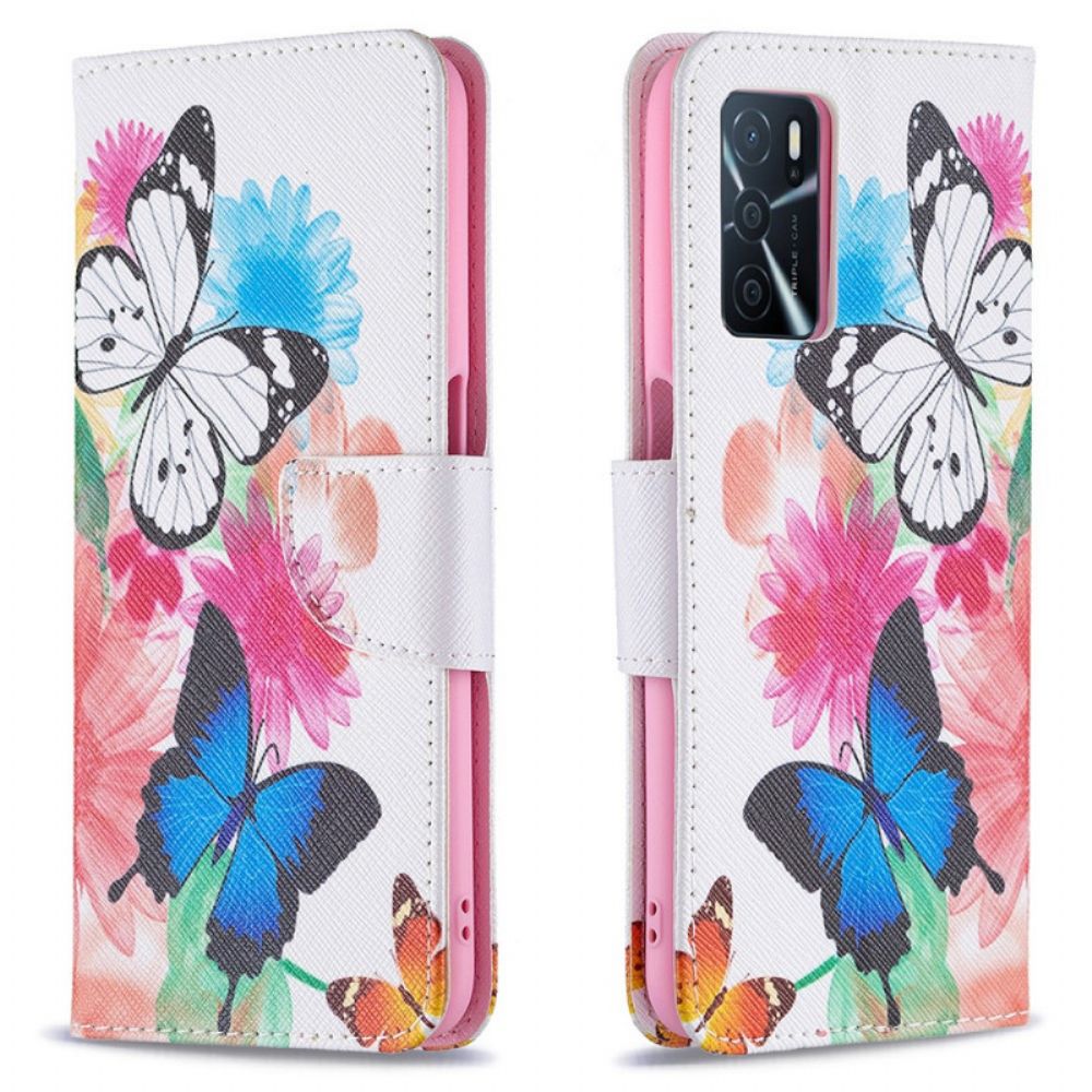 Leren Hoesje voor Oppo A16 / A16s Geschilderde Vlinders En Bloemen