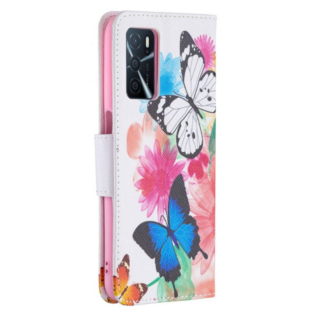 Leren Hoesje voor Oppo A16 / A16s Geschilderde Vlinders En Bloemen