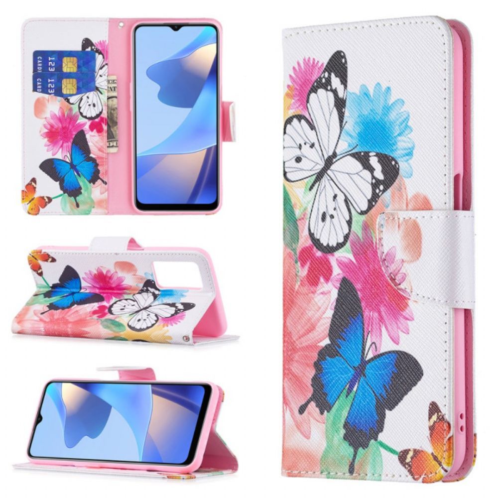 Leren Hoesje voor Oppo A16 / A16s Geschilderde Vlinders En Bloemen