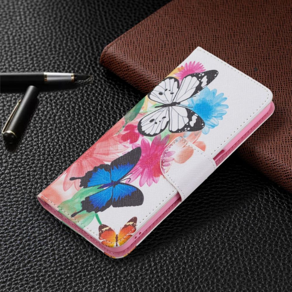 Leren Hoesje voor Oppo A16 / A16s Geschilderde Vlinders En Bloemen