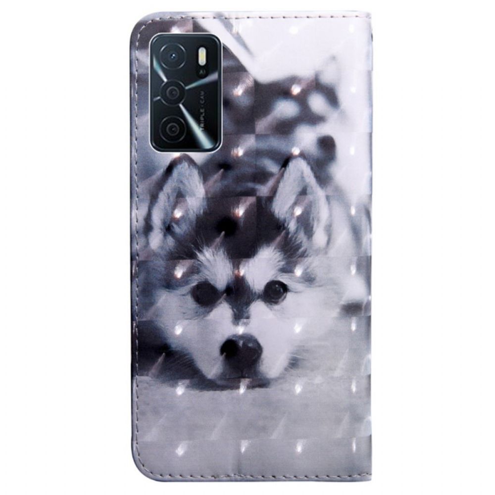 Leren Hoesje voor Oppo A16 / A16s Zwart-witte Hond