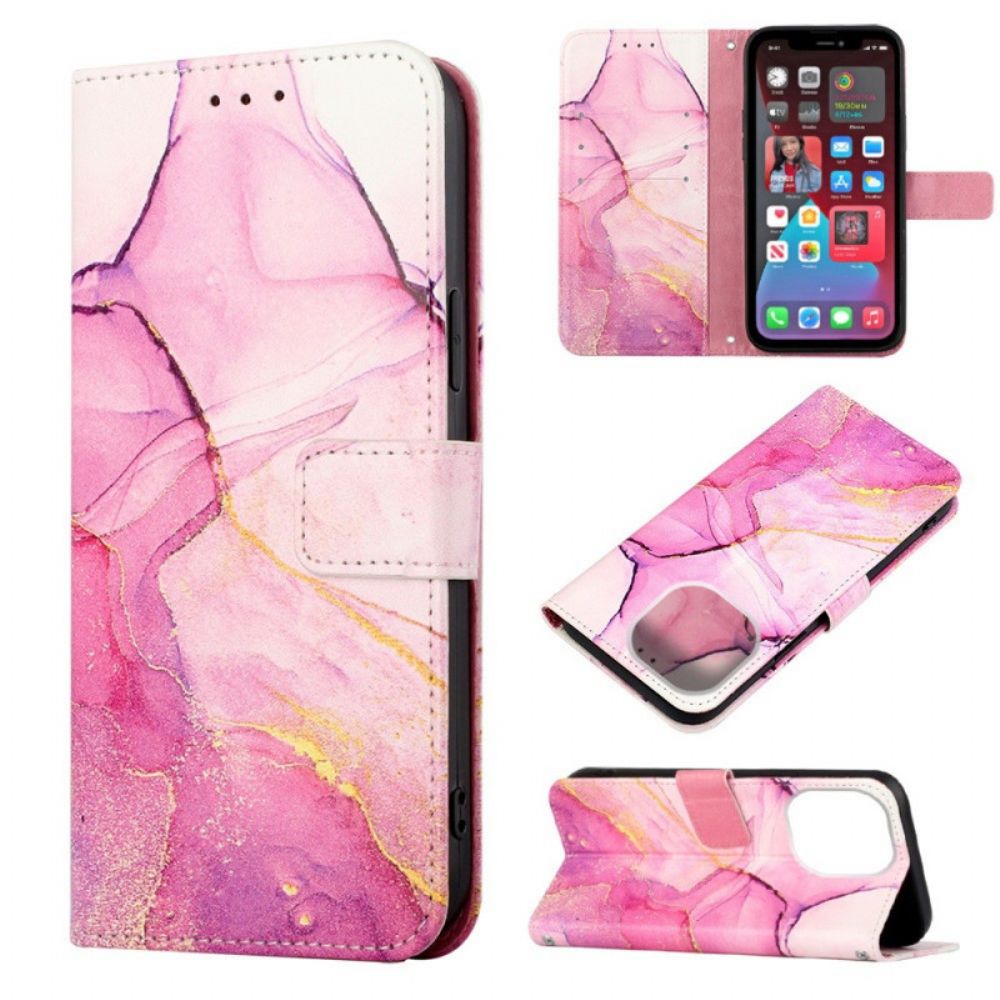 Folio-hoesje voor iPhone 14 Pro Max Met Ketting Marmeren Band