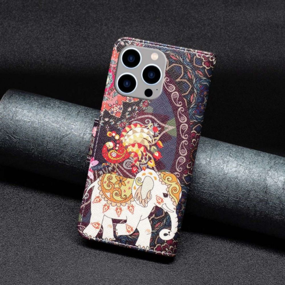 Leren Hoesje voor iPhone 14 Pro Max Indische Olifant