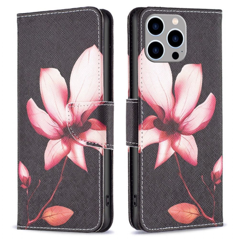 Leren Hoesje voor iPhone 14 Pro Max Roze Bloem