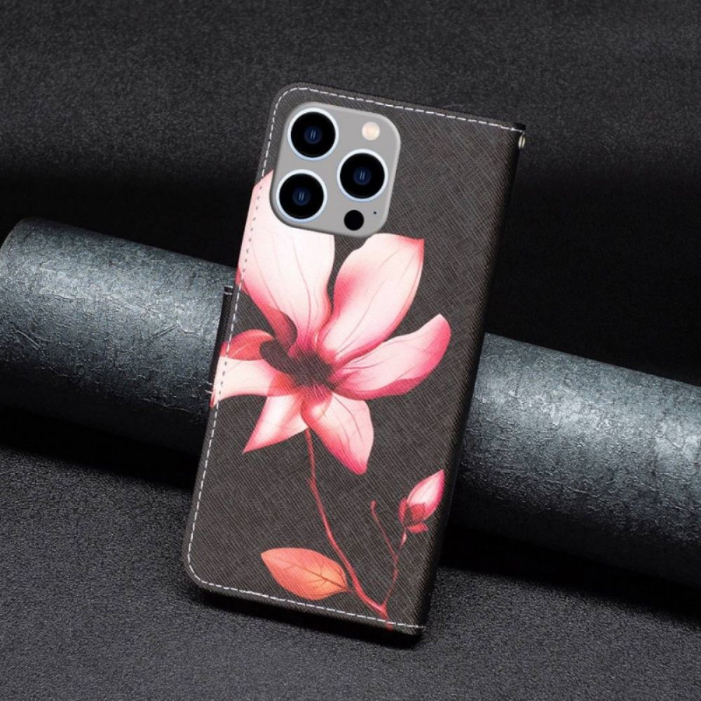 Leren Hoesje voor iPhone 14 Pro Max Roze Bloem