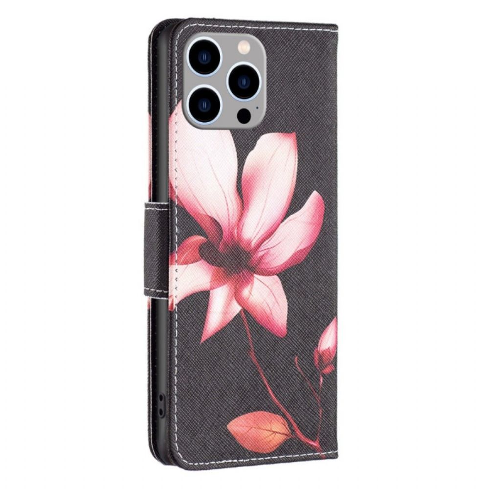 Leren Hoesje voor iPhone 14 Pro Max Roze Bloem