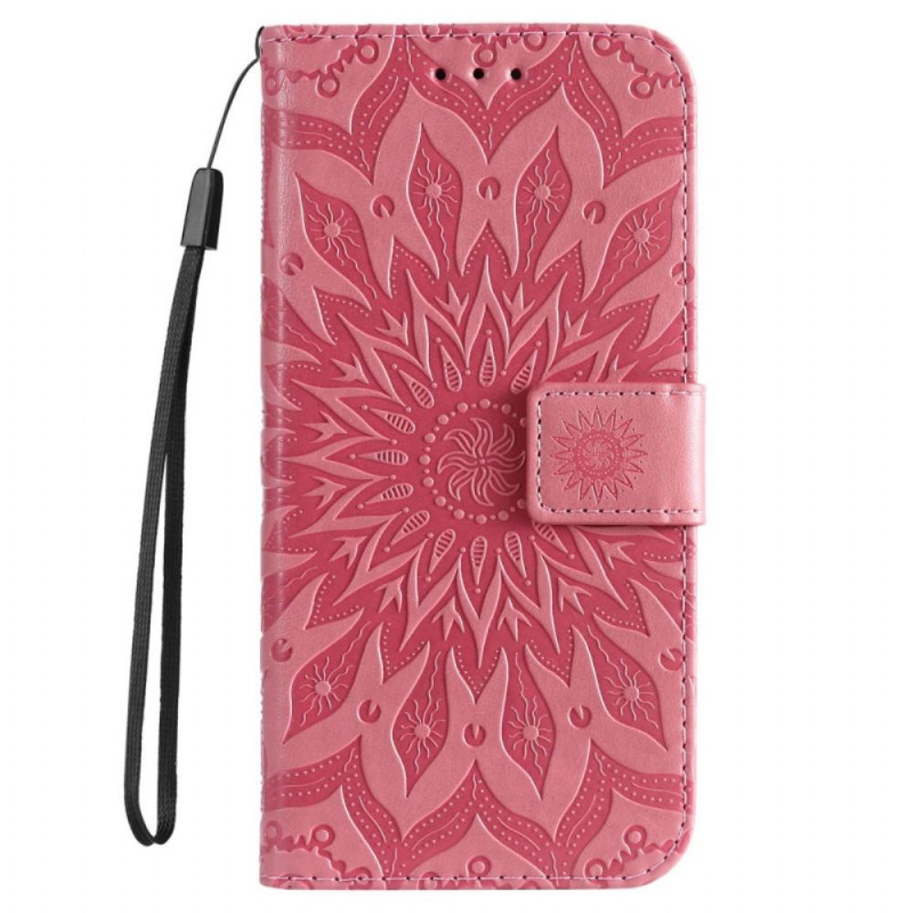 Leren Hoesje voor iPhone 14 Pro Max Zonnemandala Met Lanyard