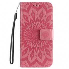 Leren Hoesje voor iPhone 14 Pro Max Zonnemandala Met Lanyard