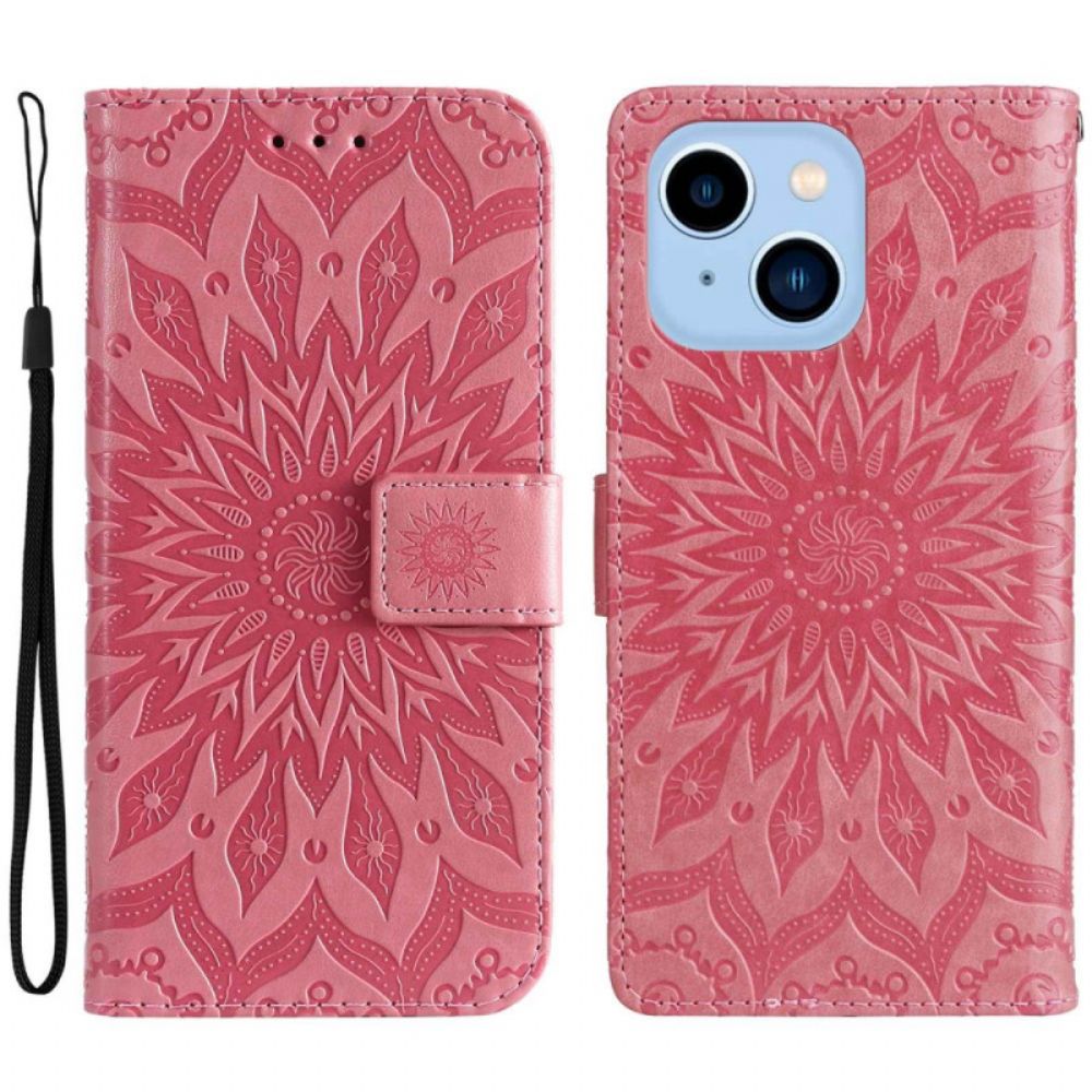 Leren Hoesje voor iPhone 14 Pro Max Zonnemandala Met Lanyard