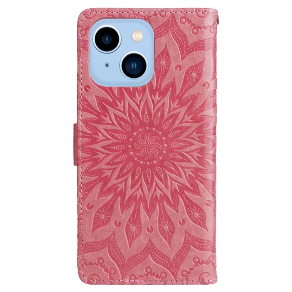 Leren Hoesje voor iPhone 14 Pro Max Zonnemandala Met Lanyard