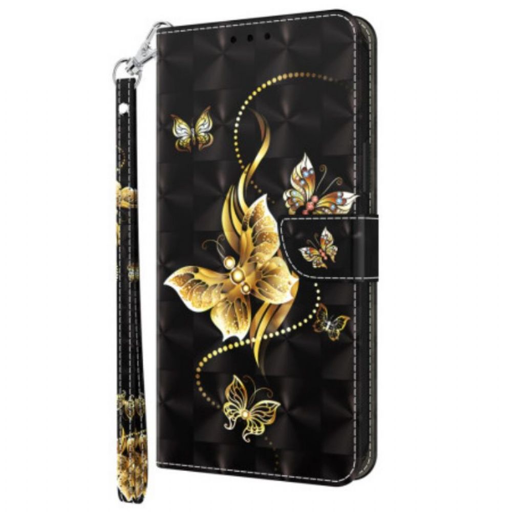 Folio-hoesje voor iPhone 15 Pro Met Ketting Gouden Vlinders Met Riem