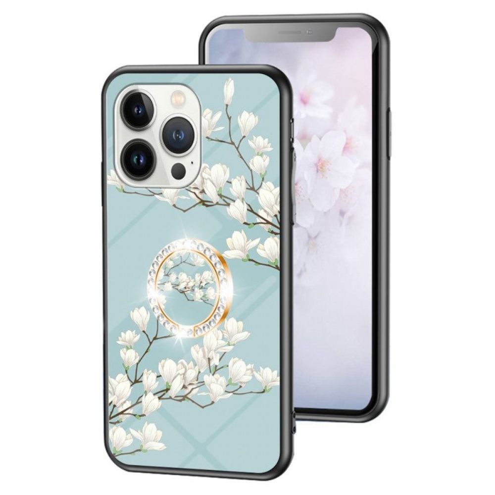 Hoesje voor iPhone 15 Pro Gebloemd Gehard Glas Met Steunring