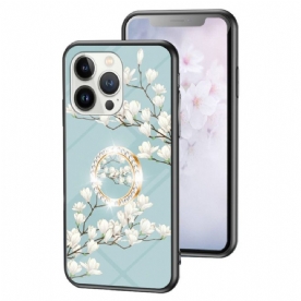 Hoesje voor iPhone 15 Pro Gebloemd Gehard Glas Met Steunring