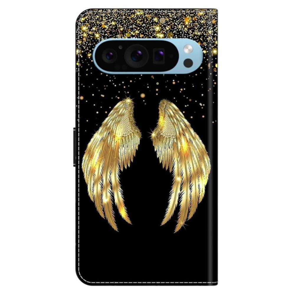 Leren Hoesje Google Pixel 9 Pro Gouden Vleugels Bescherming Hoesje