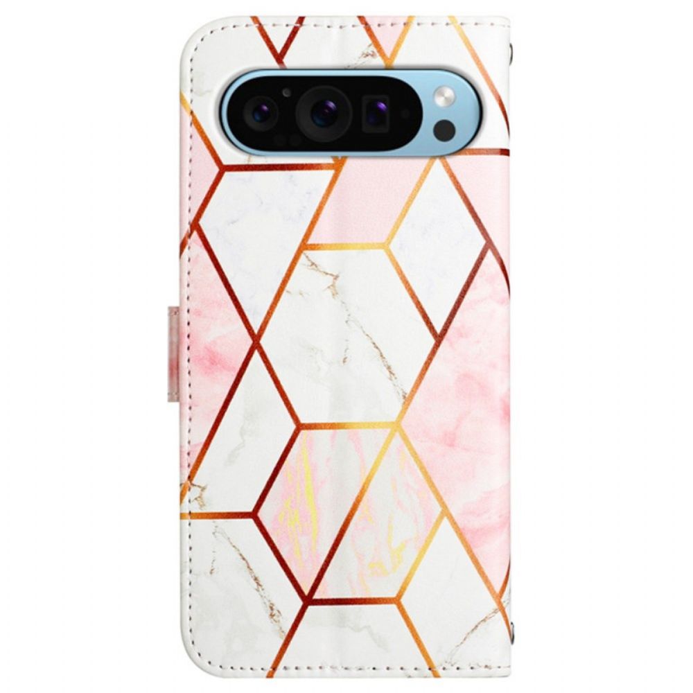 Leren Hoesje Google Pixel 9 Pro Marmeren Schouderband Bescherming Hoesje