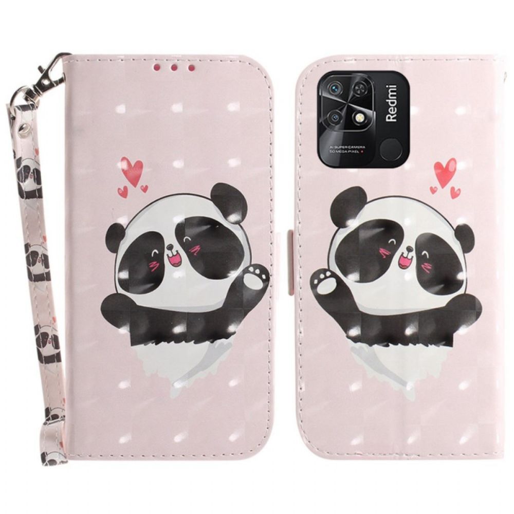 Flip Case voor Xiaomi Redmi 10C Met Ketting Kleine Panda Met Riem