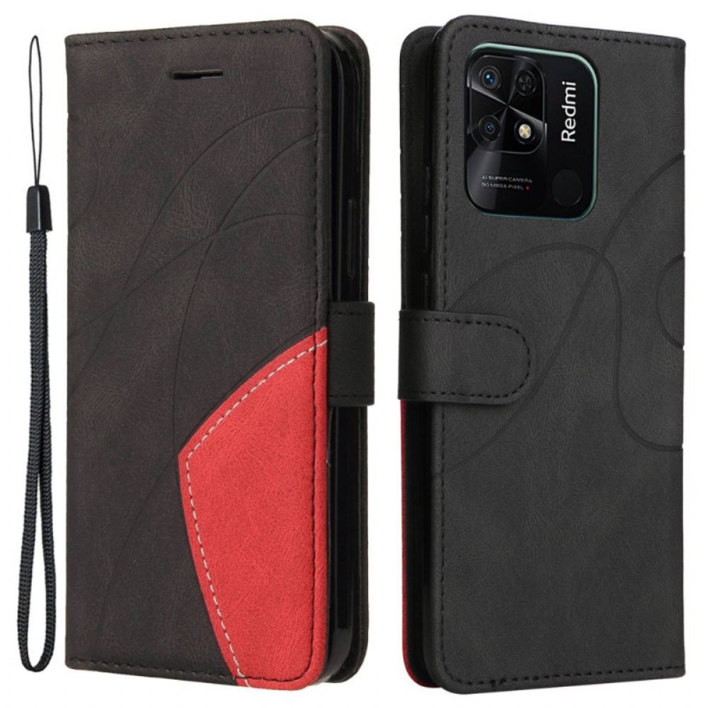 Flip Case voor Xiaomi Redmi 10C Met Ketting Tweekleurige Riem