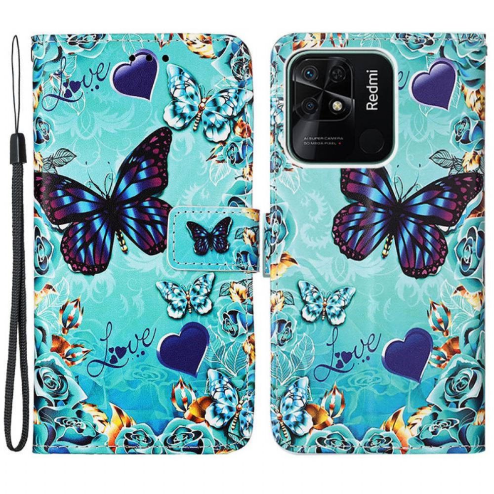 Flip Case voor Xiaomi Redmi 10C Met Ketting Vliegende Vlinders