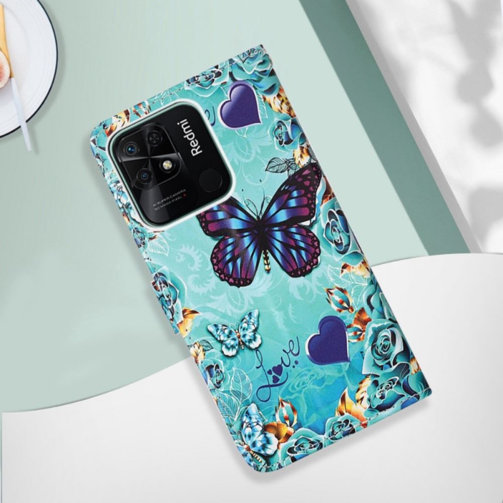 Flip Case voor Xiaomi Redmi 10C Met Ketting Vliegende Vlinders