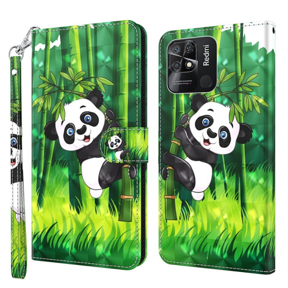 Folio-hoesje voor Xiaomi Redmi 10C Met Ketting Bamboe Panda Met Riem