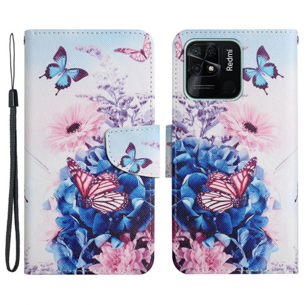 Folio-hoesje voor Xiaomi Redmi 10C Met Ketting Fantasie Met Bloemenbandjes