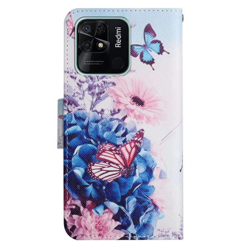 Folio-hoesje voor Xiaomi Redmi 10C Met Ketting Fantasie Met Bloemenbandjes