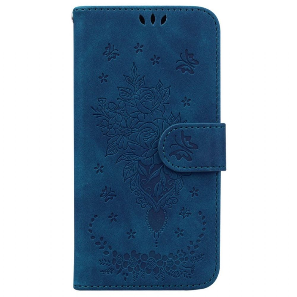 Folio-hoesje voor Xiaomi Redmi 10C Met Ketting Rozen En Vlinders Met Riem