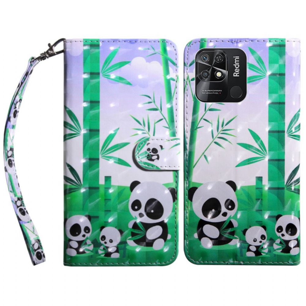 Folio-hoesje voor Xiaomi Redmi 10C Met Ketting Thong Panda-familie