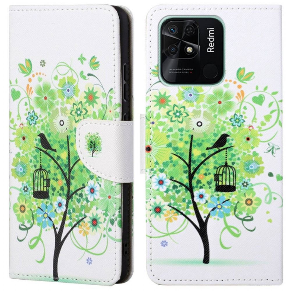 Leren Hoesje voor Xiaomi Redmi 10C Groene Bladboom