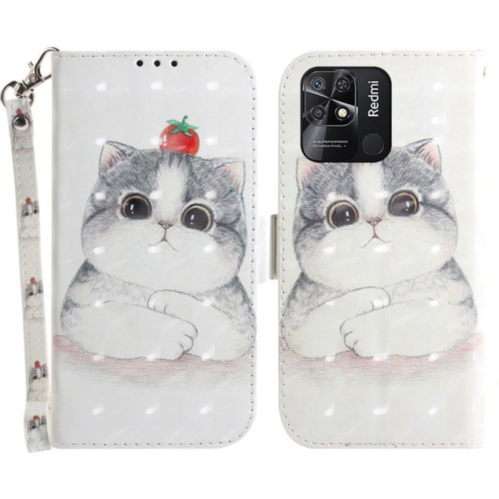 Leren Hoesje voor Xiaomi Redmi 10C Met Ketting Grijze Kat Met Bandjes