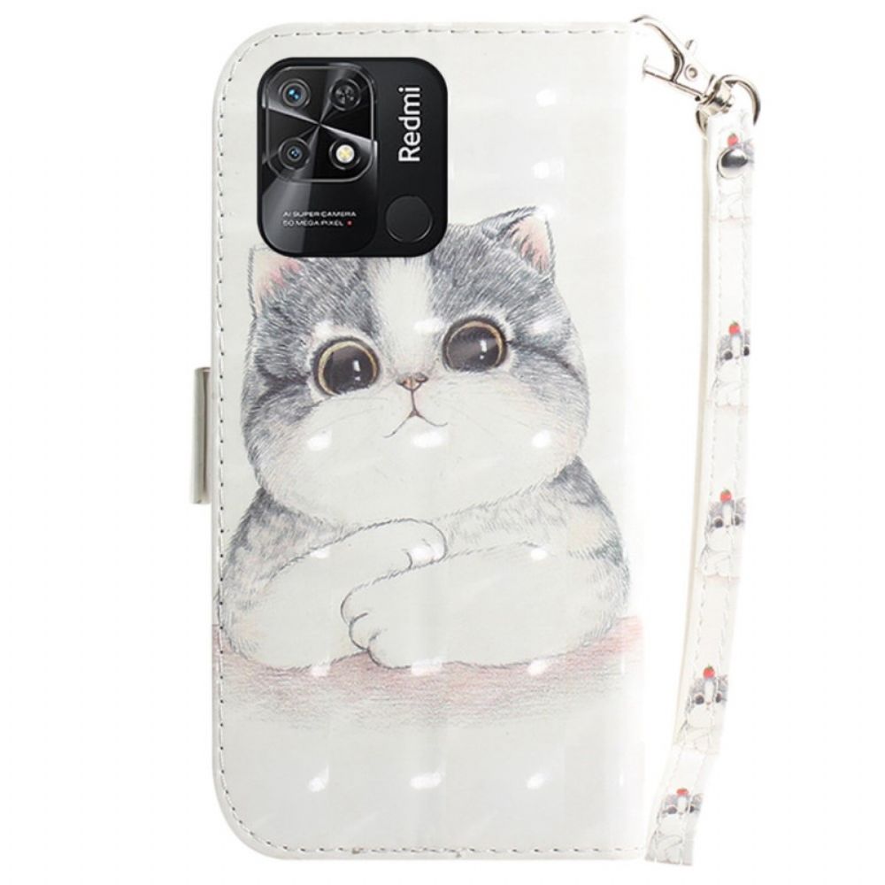 Leren Hoesje voor Xiaomi Redmi 10C Met Ketting Grijze Kat Met Bandjes