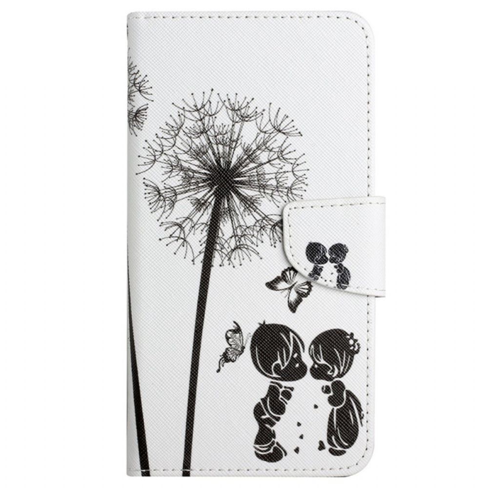 Leren Hoesje voor Xiaomi Redmi 10C Met Ketting Thong Liefde Paardebloemen