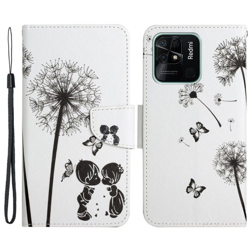 Leren Hoesje voor Xiaomi Redmi 10C Met Ketting Thong Liefde Paardebloemen