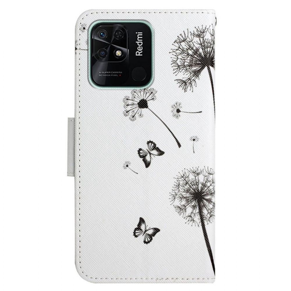 Leren Hoesje voor Xiaomi Redmi 10C Met Ketting Thong Liefde Paardebloemen