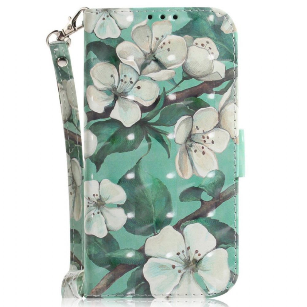 Leren Hoesje voor Xiaomi Redmi 10C Met Ketting Witte Band Bloemen