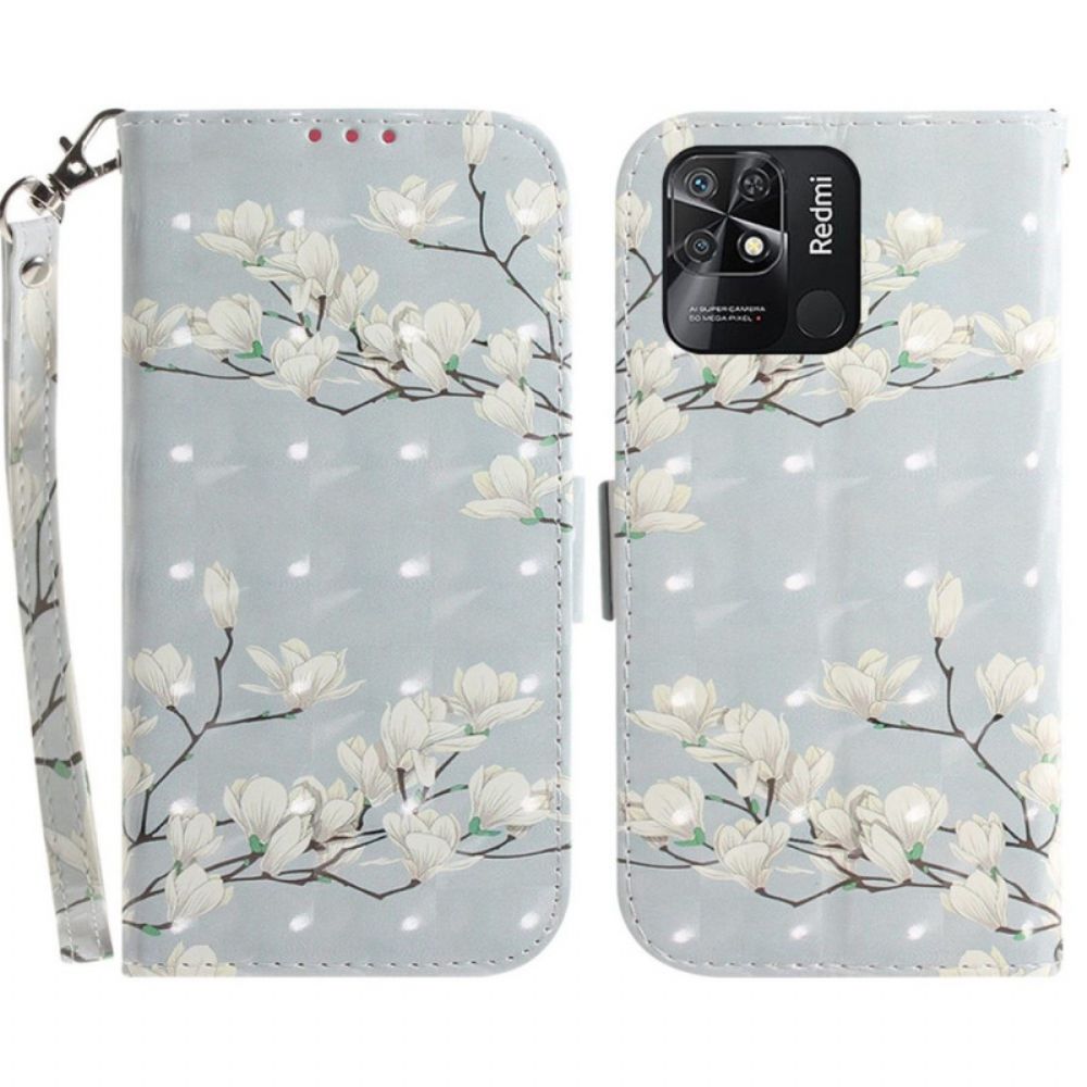 Leren Hoesje voor Xiaomi Redmi 10C Met Ketting Witte Band Bloemen