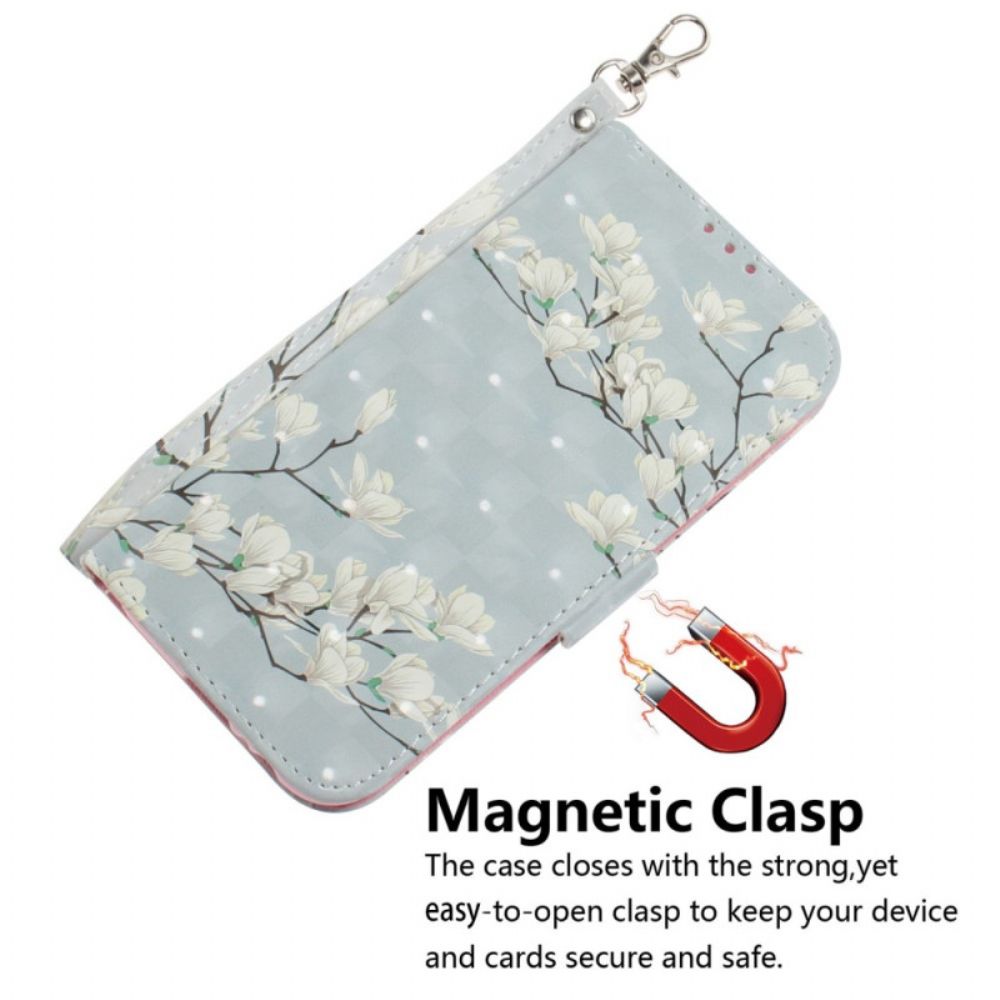 Leren Hoesje voor Xiaomi Redmi 10C Met Ketting Witte Band Bloemen