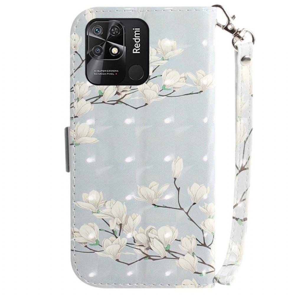 Leren Hoesje voor Xiaomi Redmi 10C Met Ketting Witte Band Bloemen