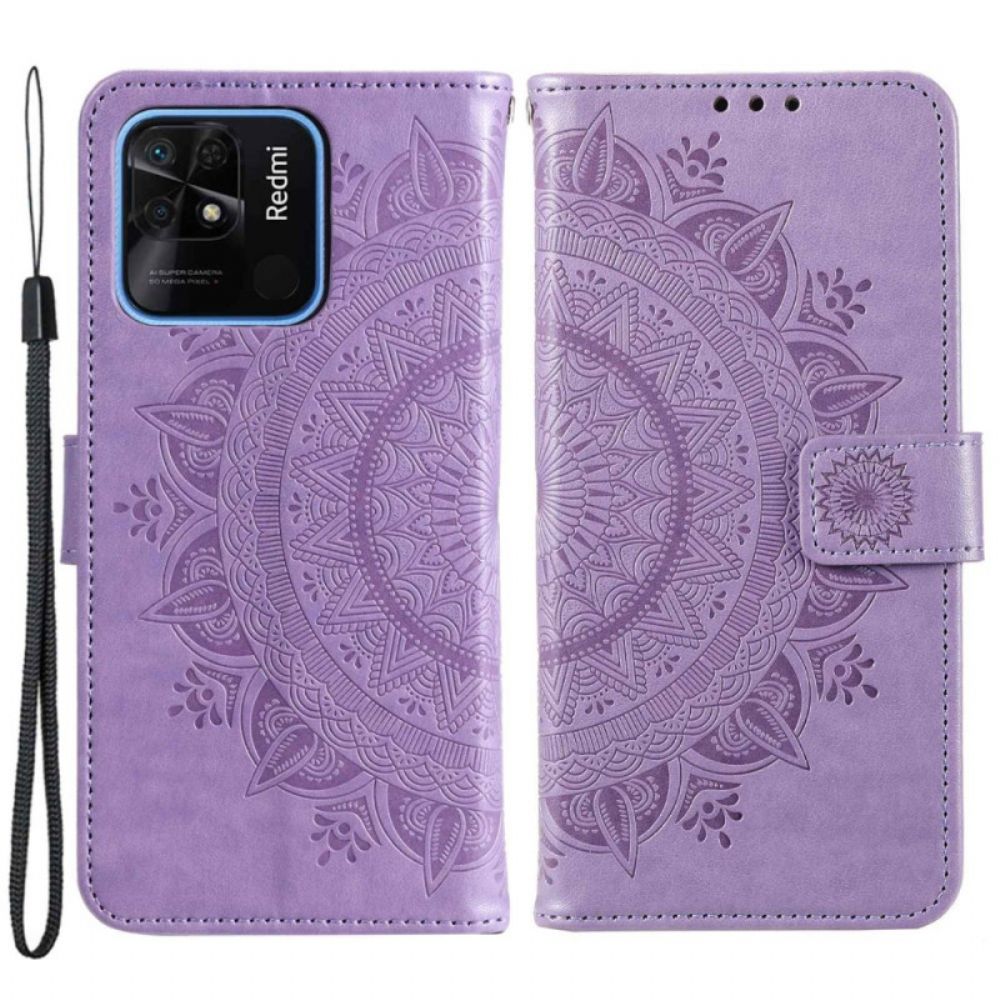 Leren Hoesje voor Xiaomi Redmi 10C Zonnemandala Met Lanyard