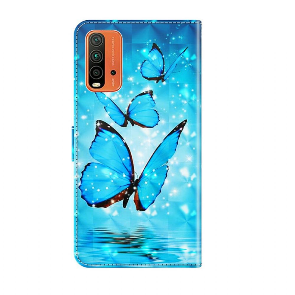 Leren Hoesje voor Xiaomi Redmi 9T Vliegende Blauwe Vlinders