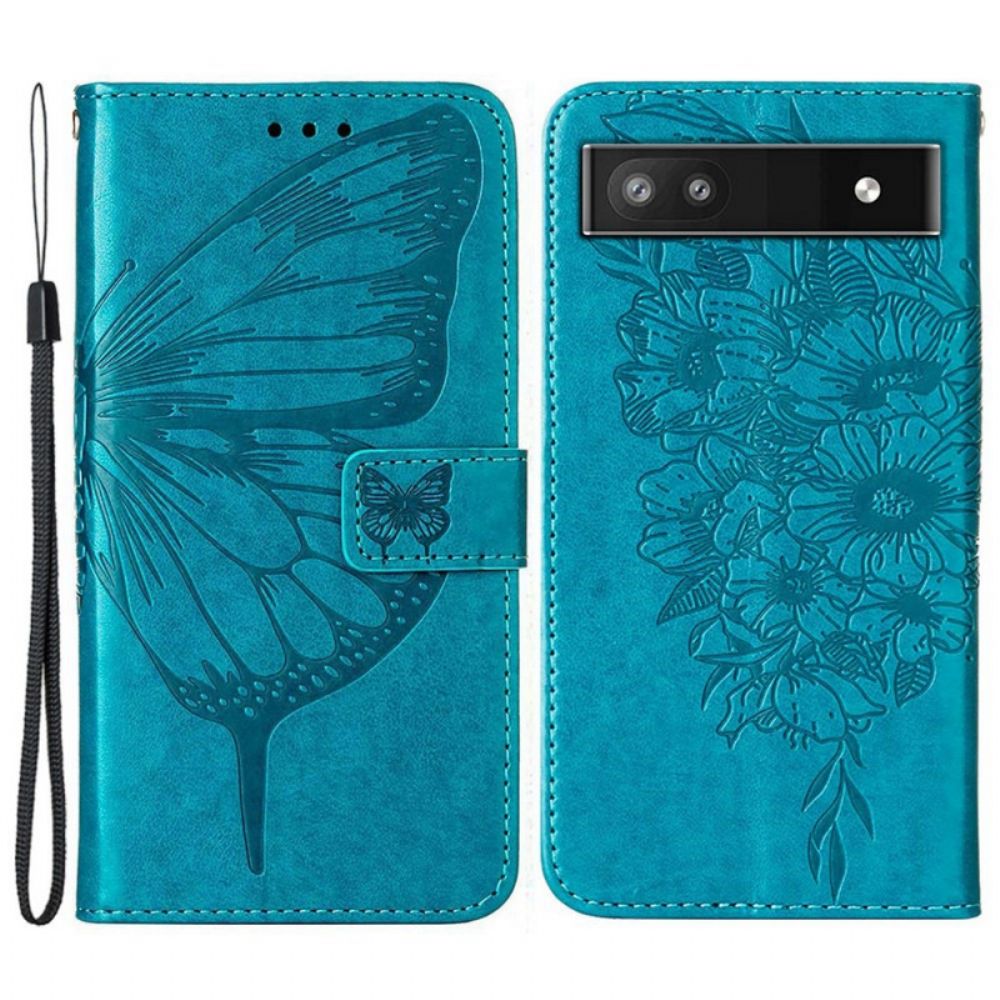 Folio-hoesje voor Google Pixel 6A Met Ketting Strap Art Vlinder