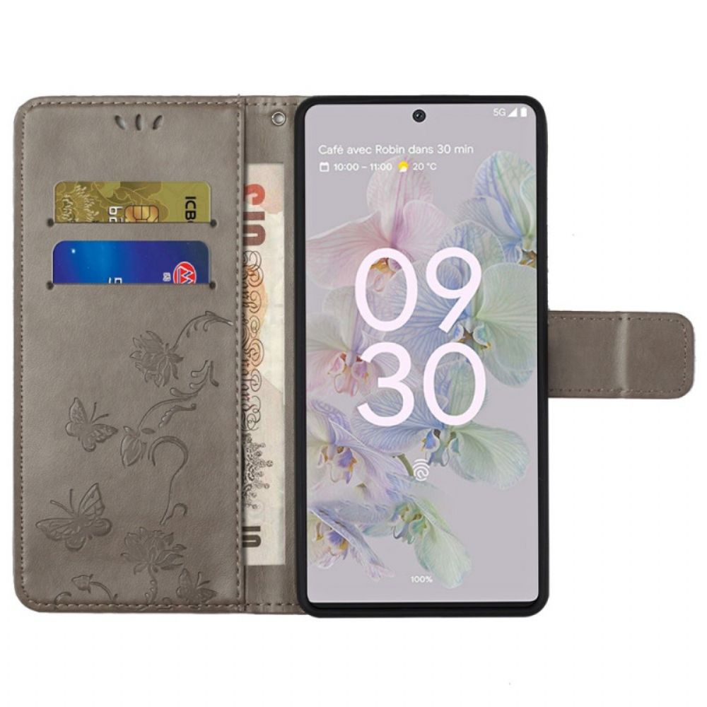 Folio-hoesje voor Google Pixel 6A Met Ketting Thong Bloemen En Vlinders