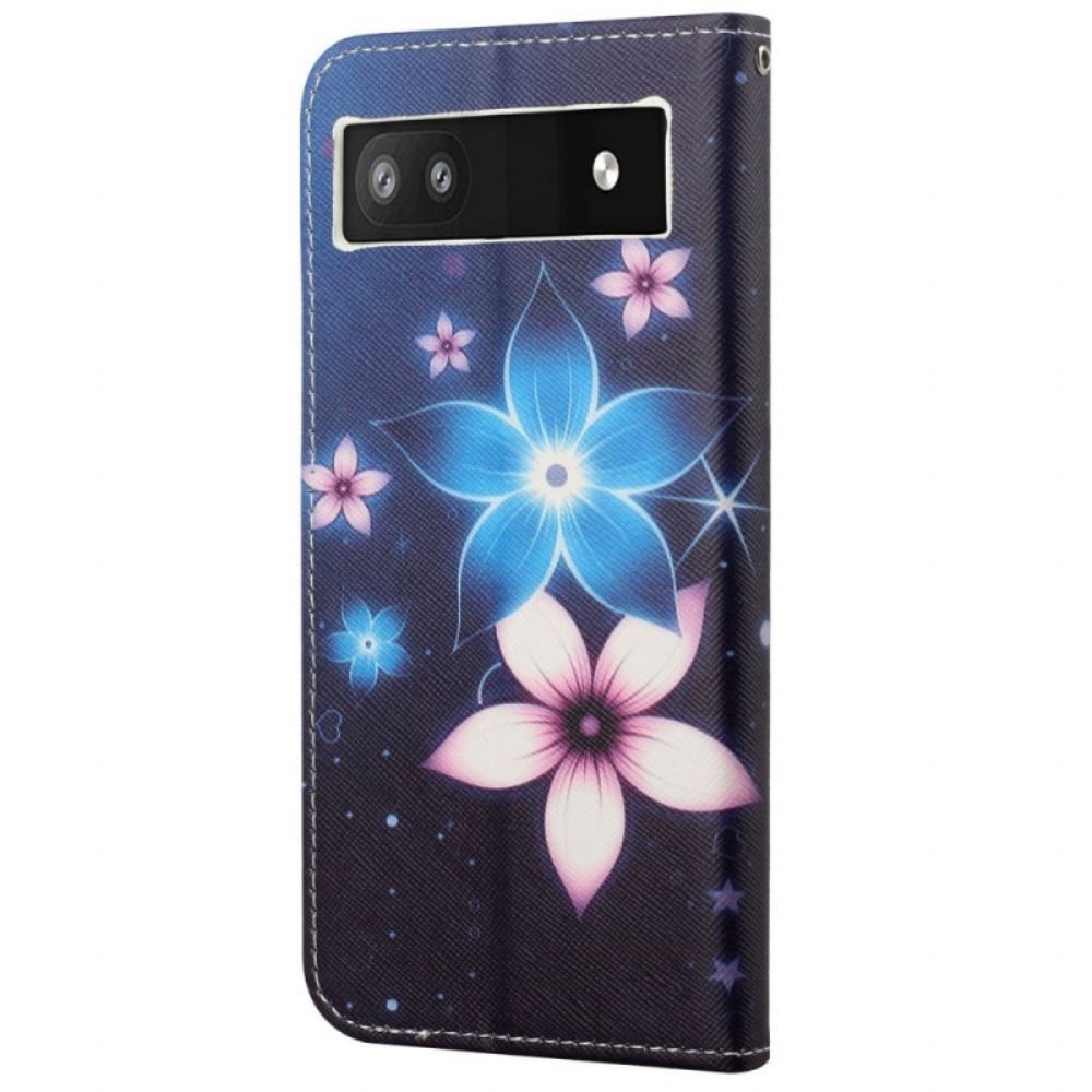 Leren Hoesje voor Google Pixel 6A Met Ketting Maanband Bloemen